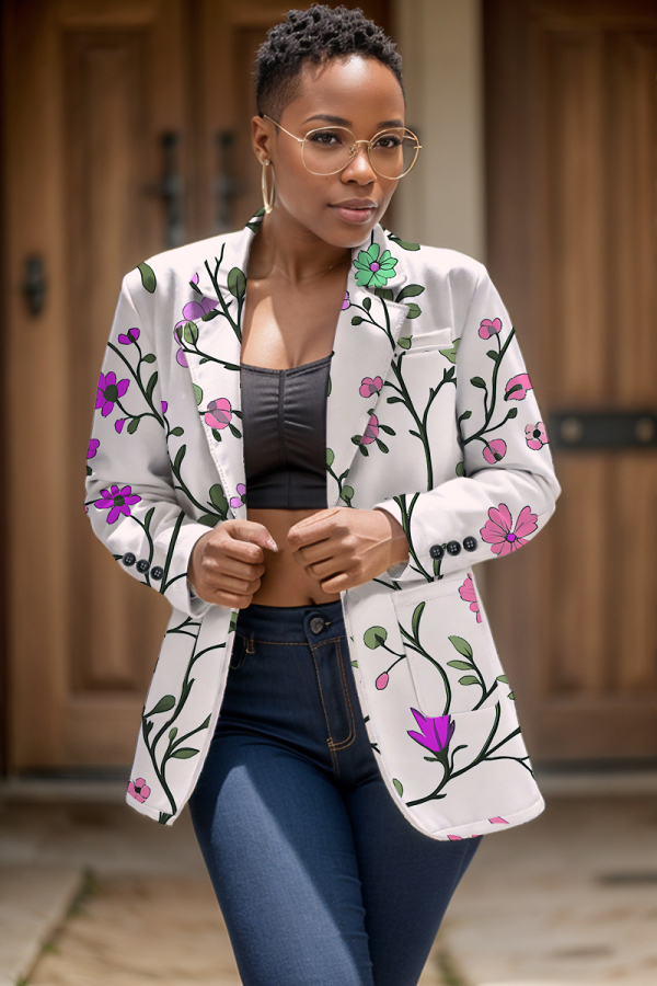 White Formal Office Casual Floral Print Cardigan Turn-back Collar Long Sleeve Blazer Jackets