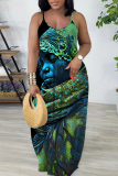 Brown African Girl Print Sleeveless Backless Spaghetti Strap Floor Length Vacation Baggy Sundress Maxi Slip Dress