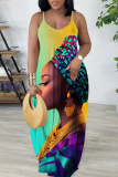 Brown African Girl Print Sleeveless Backless Spaghetti Strap Floor Length Vacation Baggy Sundress Maxi Slip Dress