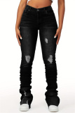 Grey Casual High Waist Distressed Ripped Stacked Pants Denim Jeans