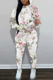 Light Green Floral Print Long Sleeve Hooded Sweatshirt and Skinny Pants Casual Sportwear Two Pieces Jogger Sets