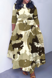Brown Graphics Print O Neck 3/4 Sleeve Belted Waist Casual Outing Plus Size Straight Loose Maxi Dresses