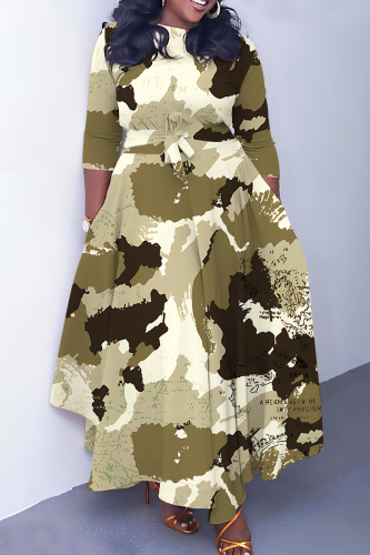 Brown Graphics Print O Neck 3/4 Sleeve Belted Waist Casual Outing Plus Size Straight Loose Maxi Dresses
