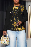 Dark Brown Casual Figure Print O Neck Long Sleeve Fall Winter Sweatshirt