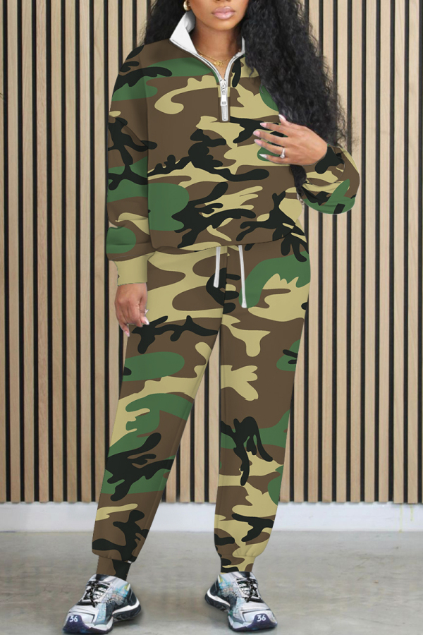 Camouflage Graphics Print Long Sleeve Zip-Collar Sweatshirt and Pants Sportwear Casual Outing Plus Size Two Pieces Jogger Sets