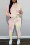Light Green Floral Print Long Sleeve Hooded Sweatshirt and Skinny Pants Casual Sportwear Two Pieces Jogger Sets
