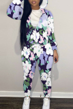 Apricot Floral Print Long Sleeve Hooded Sweatshirt and Pant Casual Sportwear Plus Size Two Pieces Matching Sweatsuit Set
