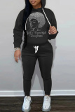 White Figure Lips Print Long Sleeve Hooded Sweatshirt and Skinny Pant Casual Sportwear 2 Piece Sweatsuit