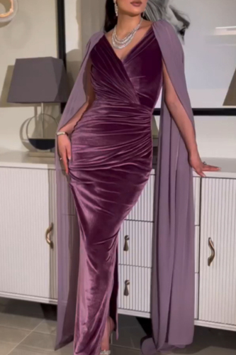 Purple V Neck Cape Sleeves Ruched Formal Evening Prom Gown Bodycon Maxi Velvet Dress