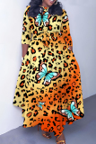 Orange Leopard Butterfly Print O Neck 3/4 Sleeve Belted Waist Casual Outing Plus Size Straight Loose Maxi Dresses