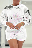 White Grey Floral Print O Neck Long Sleeve Sweatshirt And Shorts Casual Sportwear Two Pieces Shorts Sets