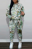 Light Green Graphics Print Long Sleeve Hooded Sweatshirt and Skinny Pant Casual Sportwear 2 Piece Sweatsuit