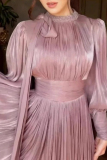 Pink Bow-Tie Crewneck Lantern Sleeve Formal Evening Party Prom Gown Pleated Maxi Satin Dresses