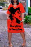 Turmeric Figure Print V Neck Short Sleeve Plus Size Loose Pockets Casual Outing Midi T-Shirt Dress