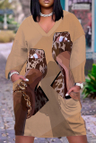 Khaki Graphics Print V Neck Long Sleeve Plus Size Loose Pockets Casual Outing Midi T-Shirt Dress
