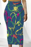 Multicolor Grey Flowers Heart Shaped Faux Denim Print Contrast High Waist Wrap Casual Outing Maxi Skirt