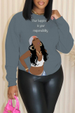 Brown African Girl Letter Print O Neck Long Sleeve Casual Outing Plus Size Fall Winter Sweatshirt