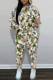 Light Green Floral Print Long Sleeve Hooded Sweatshirt and Skinny Pants Casual Sportwear Two Pieces Jogger Sets
