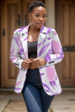 White Formal Office Casual Floral Print Cardigan Turn-back Collar Long Sleeve Blazer Jackets