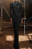Black Sexy Solid Sequins Patchwork Half A Turtleneck One Step Skirt Dresses