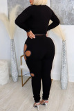 Black Casual O Neck with Open Cut-Outs Long Sleeve Crop Tops and Skinny Pants Two Pieces Trouser Sets