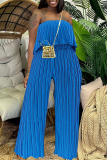 Blue Casual Sleeveless Backless Strapless Pleated Tube Crop Tops And Wide Leg Pants Vacation Two Pieces Trouser Sets