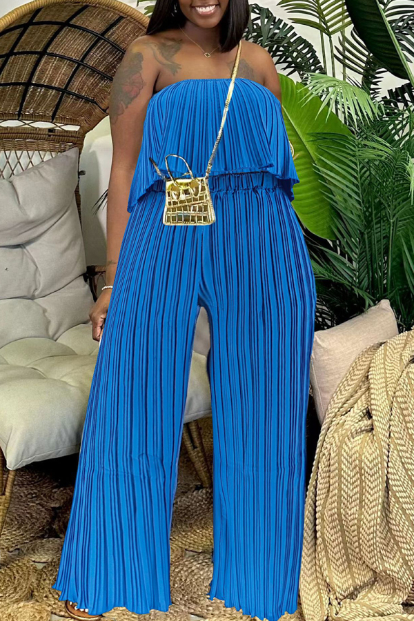 Blue Casual Sleeveless Backless Strapless Pleated Tube Crop Tops And Wide Leg Pants Vacation Two Pieces Trouser Sets