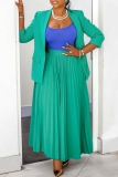 Green Turn-back Collar Long Sleeve Blazer Jackets And Pleated Maxi Skirt Plus Size Casual Formal Office Two Pieces Dress Sets