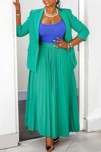 Green Turn-back Collar Long Sleeve Blazer Jackets And Pleated Maxi Skirt Plus Size Casual Formal Office Two Pieces Dress Sets