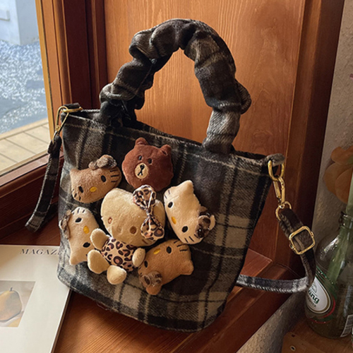 Red Casual Plaid Cartoon Print Zipper Cute Doll Handbag Woolen Bucket Bag