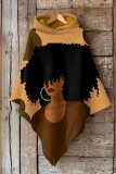 Brown Figure Print Cape Sleeves Irregular Hem Casual Fall Winter Hooded Sweatshirt