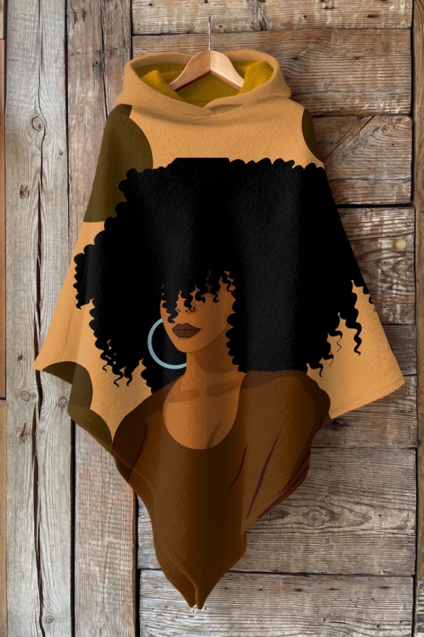 Brown Figure Print Cape Sleeves Irregular Hem Casual Fall Winter Hooded Sweatshirt