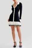 Black V Neck Long Sleeve Hollow Out Belted Ruffle Trim Knitted Chanel Style Bodycon Sweater Mini Dresses