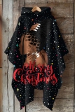 Black Figure Print Cape Sleeves Casual Fall Winter Hooded Sweatshirt