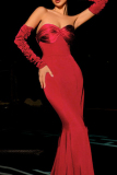 Red Backless Strapless Boot Cut Floor Length Formal Evening Party Prom Wedding Ruched Bodycon Tube Maxi Dresses(Have Arm Covers)