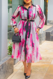 Orange Red Graphics Print Turndown Collar Long Sleeve Buckle With Belt Long A Line Maxi Shirt Dresses