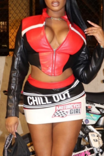 Red Casual Letter Print Zipper Collar Long Sleeve Motorcycle PU Crop Jackets And Mini Skirt Two Pieces Dress Sets