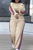 Apricot Casual Stripe Print O Neck Long Sleeve Sweatshirt And Skinny Pants Sportwear Matching Sweatsuit Set