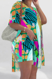 White Green Floral Print V Neck Short Sleeve Longline Slit Oversize T-shirt And Shorts Vacation Two Pieces Shorts Set