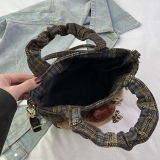 Red Casual Plaid Cartoon Print Zipper Cute Doll Handbag Woolen Bucket Bag