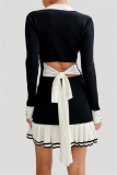 Black V Neck Long Sleeve Hollow Out Belted Ruffle Trim Knitted Chanel Style Bodycon Sweater Mini Dresses