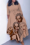 Light Brown Figure Print O Neck 3/4 Sleeve Belted Waist Casual Outing Plus Size Straight Loose Maxi Dresses