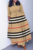 Khaki Brown Graphcis Print O Neck 3/4 Sleeve Belted Waist Casual Outing Plus Size Straight Loose Maxi Dresses