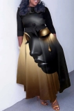 Brown African Girl Print O Neck 3/4 Sleeve Belted Waist Casual Outing Plus Size Straight Loose Maxi Dresses