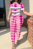 Earthy Yellow Stripe Print O Neck Short Sleeve T-shirt And Skinny Pants Casual Sportwear Two Pieces Trouser Sets