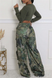 Casual Camouflage Print Pocket Straight High Waist Wide Leg Cargo Pants