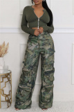 Casual Camouflage Print Pocket Straight High Waist Wide Leg Cargo Pants