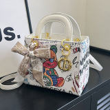 White Brown Graffiti Print Zipper Bag Single Shoulder Crossbody Bag Handbag