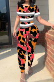 Earthy Yellow Stripe Print O Neck Short Sleeve T-shirt And Skinny Pants Casual Sportwear Two Pieces Trouser Sets