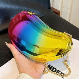 Gold Metallic Curved Handbag with Chain Strap Bags